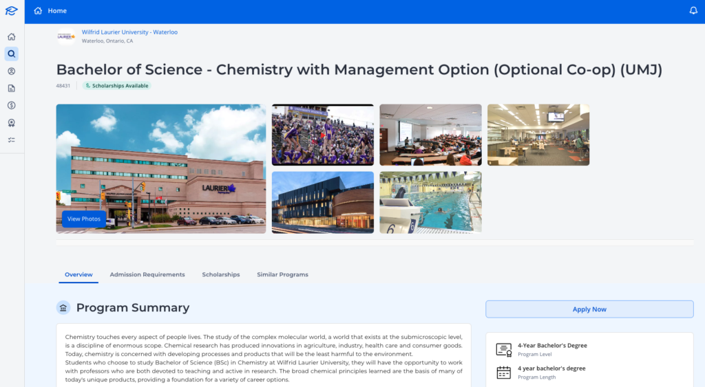 Un exemple de ce à quoi ressemble une page de programme sur la plate-forme d'application, avec des informations de programme, des photos du campus, des frais de scolarité, etc.